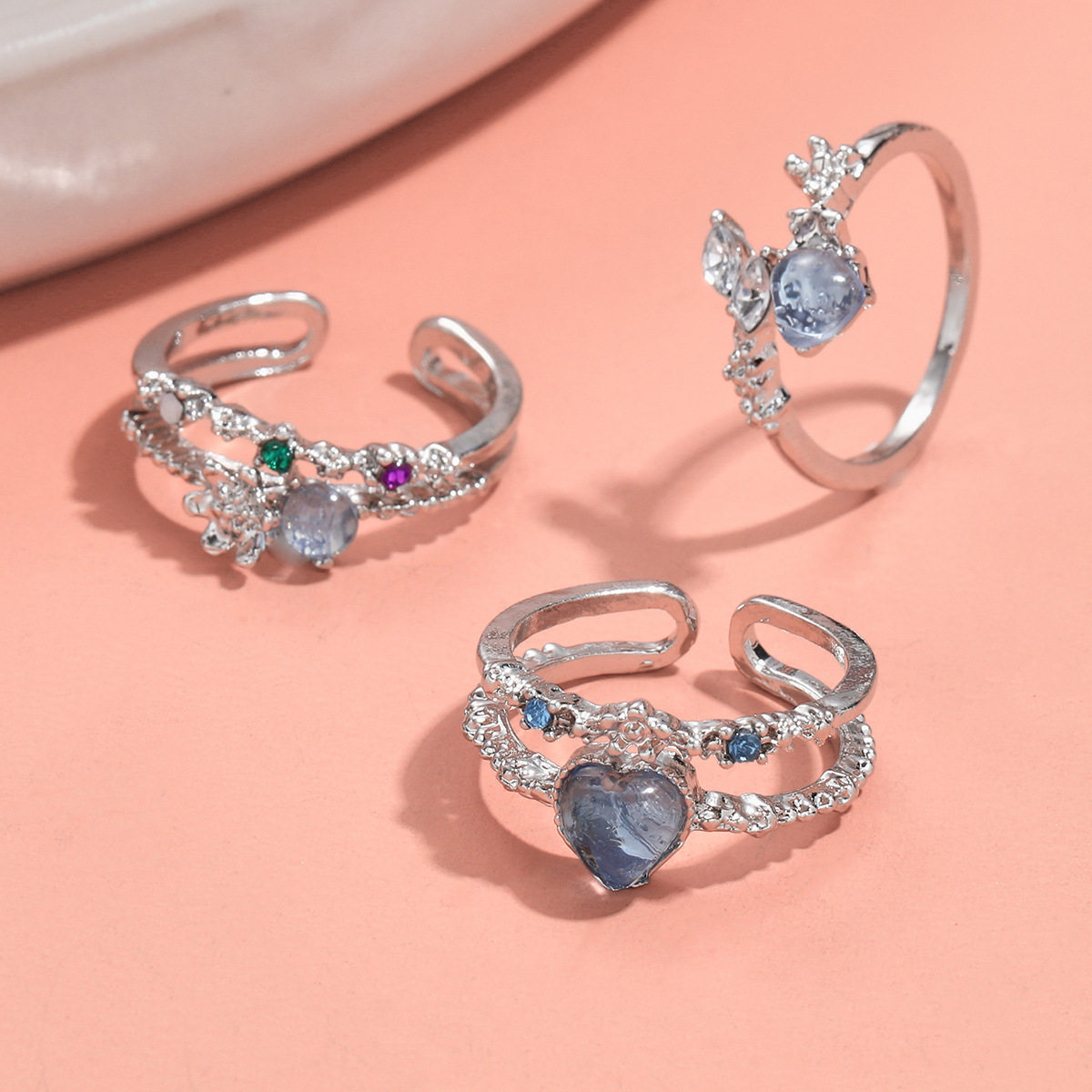 OPEN RINGS AQUA BLUE HEART MOONLIGHT ZIRCON OPEN RING WOMENS NICHE INDEX FINGER RING DELICATE ADJUSTABLE RING