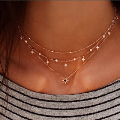 necklace women 欧美时尚新款女式多层星星吊坠颈炼手工项链组合