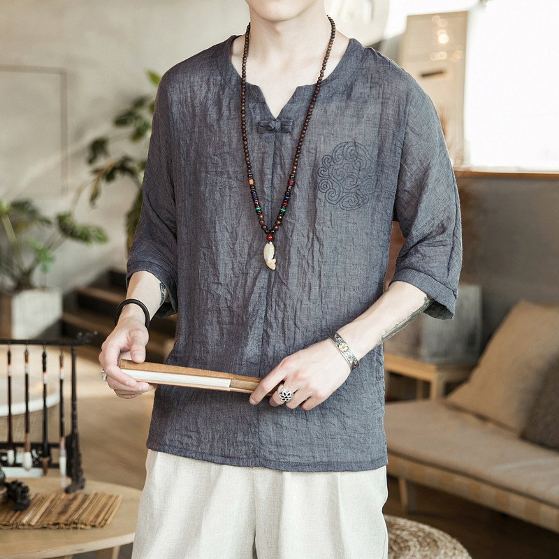606P30咖啡厅风V领时尚盘扣仿亚麻宽松大码七分袖印花T恤,男装T恤,电商A026