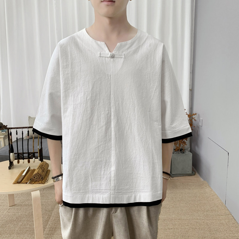 T8882P45新咖啡厅风假两件棉麻盘扣休闲潮流学生宽松T恤，男装T恤，电商A026