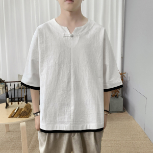 T8882 P45 新咖啡厅 风假两件棉麻盘扣休闲潮流学生宽松T恤,男装T恤,电商A026