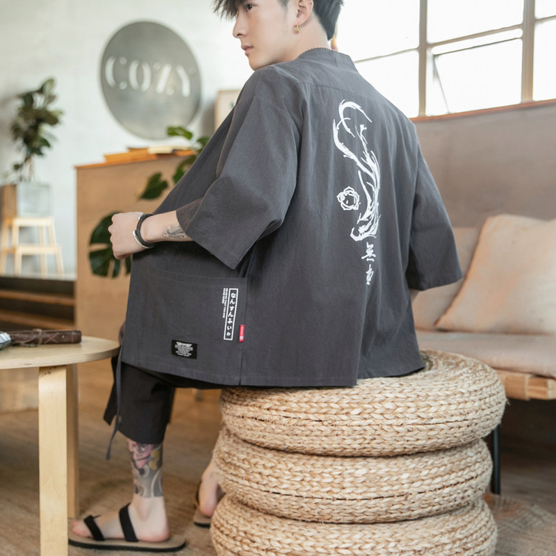 A70P60咖啡厅2024夏装新款风大码宽松七分裤汉服潮流套装,男装休闲套装,电商A026