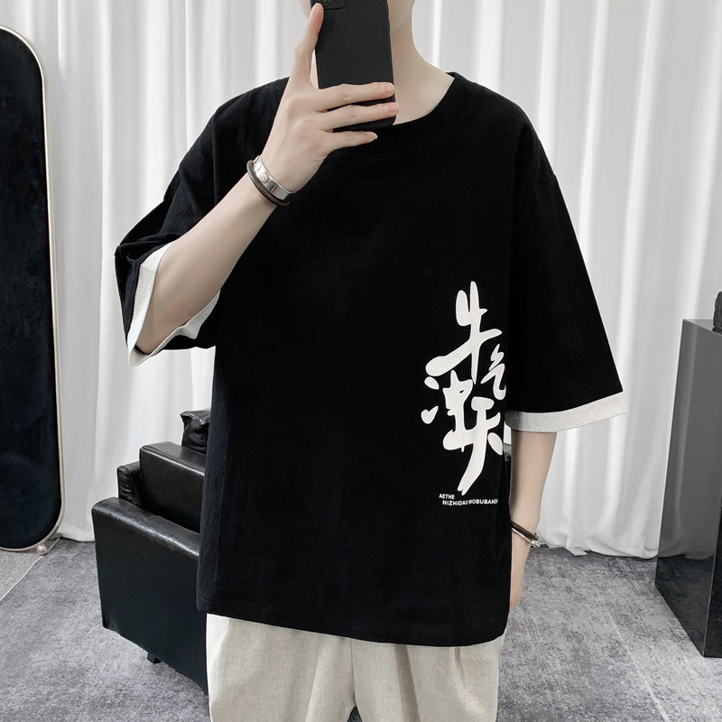 T8887P45短句风牛气冲天印花拼接撞色七分袖青年棉麻T恤宽松,男装T恤,电商A026