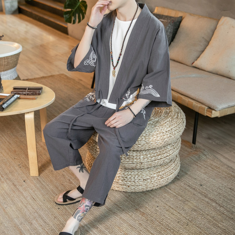 A611P90咖啡厅亚麻风宽松百搭时尚仙鹤绣花七分汉服套装,男装休闲套装,电商A026
