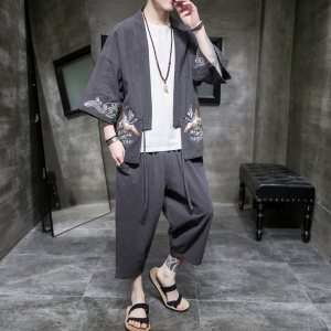 A611 P85 室内风 风亚麻宽松仙鹤绣花七分袖潮流复古汉服套装图片