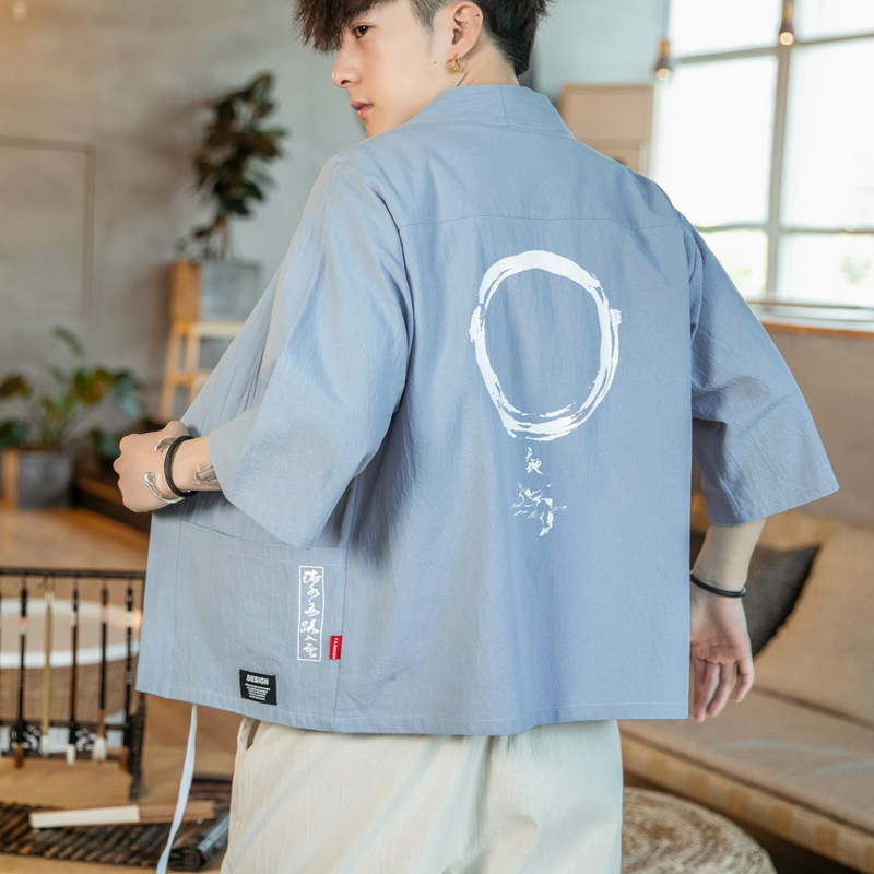 F868  P45 咖啡厅风潮流时尚大码七分袖休闲棉麻印花开衫汉服图片