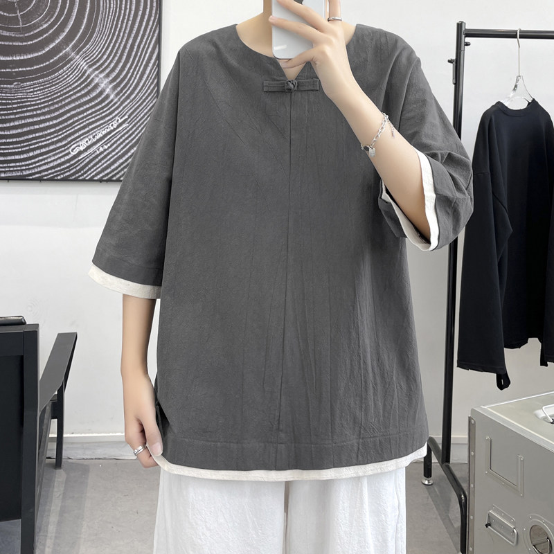 T8882P45大皂风百搭休闲青年V领盘扣风撞色纯棉T恤夏装潮,男装T恤,电商A026