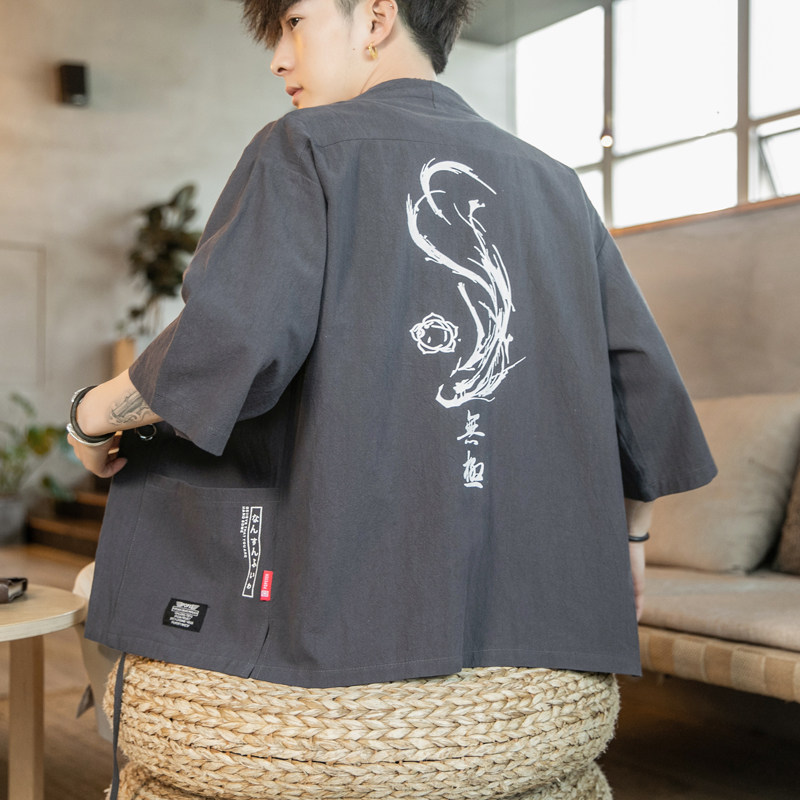 F70P45咖啡厅七分袖风休闲大码时尚宽松汉服棉麻开衫,男装民族服装,电商A026