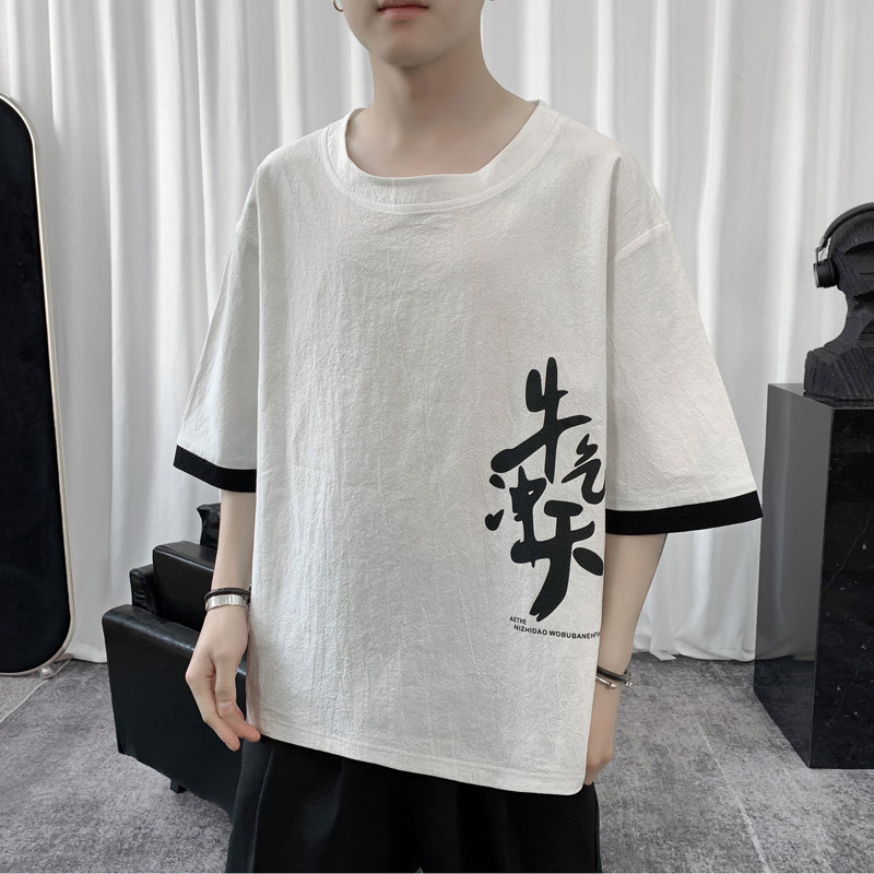 T8887P45短句风撞色拼接T恤青年棉麻宽松七分袖牛气冲天印花,男装T恤,电商A026