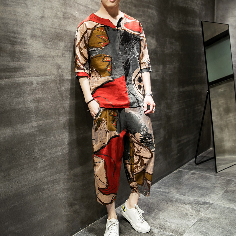 WY3P75室内风2024夏装新款风百搭潮时尚七分袖七分裤套装,男装休闲套装,电商A026