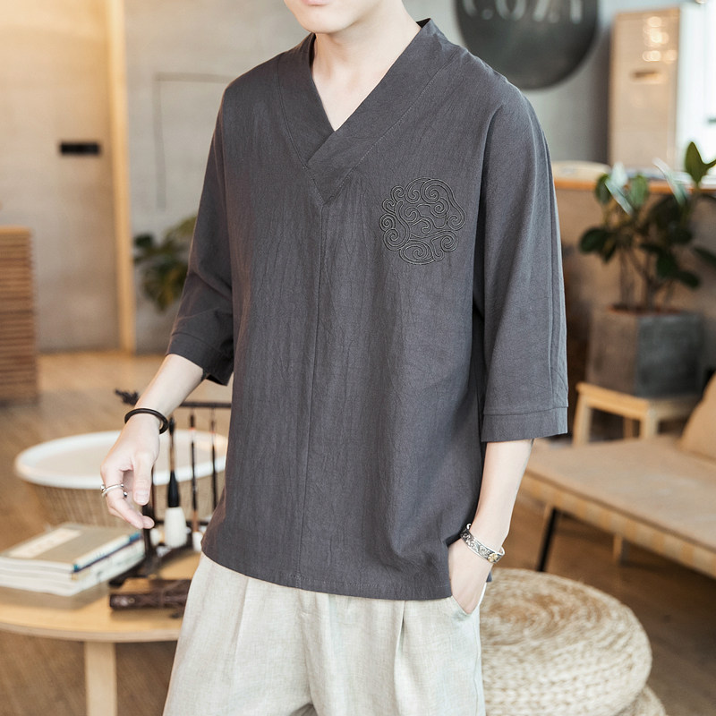 588P45咖啡厅棉麻七分袖V领潮流宽松时尚风加大码T恤,男装T恤,电商A026