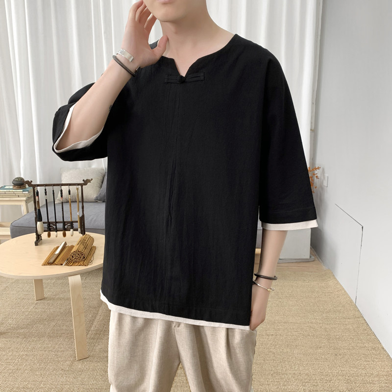 T8882P45新咖啡厅盘扣撞色百搭休闲短袖风棉麻加大码T恤,男装T恤,电商A026