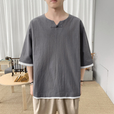 T8882P45新咖啡厅风假两件棉麻盘扣休闲潮流学生宽松T恤，男装T恤，电商A026