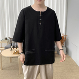 T8883P45新咖啡厅夏装棉麻短袖圆领休闲百搭风刺绣大码T恤，男装T恤，电商A026
