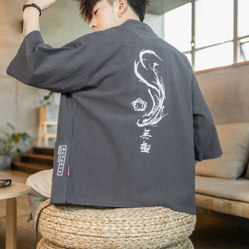F70P45咖啡厅七分袖风休闲大码时尚宽松汉服棉麻开衫,男装民族服装,电商A026