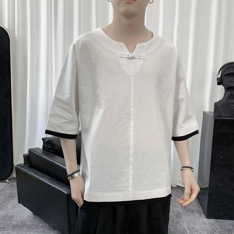 T8882P45短句风撞色拼接青年夏季T恤亚麻棉麻休闲七分袖风,男装T恤,电商A026