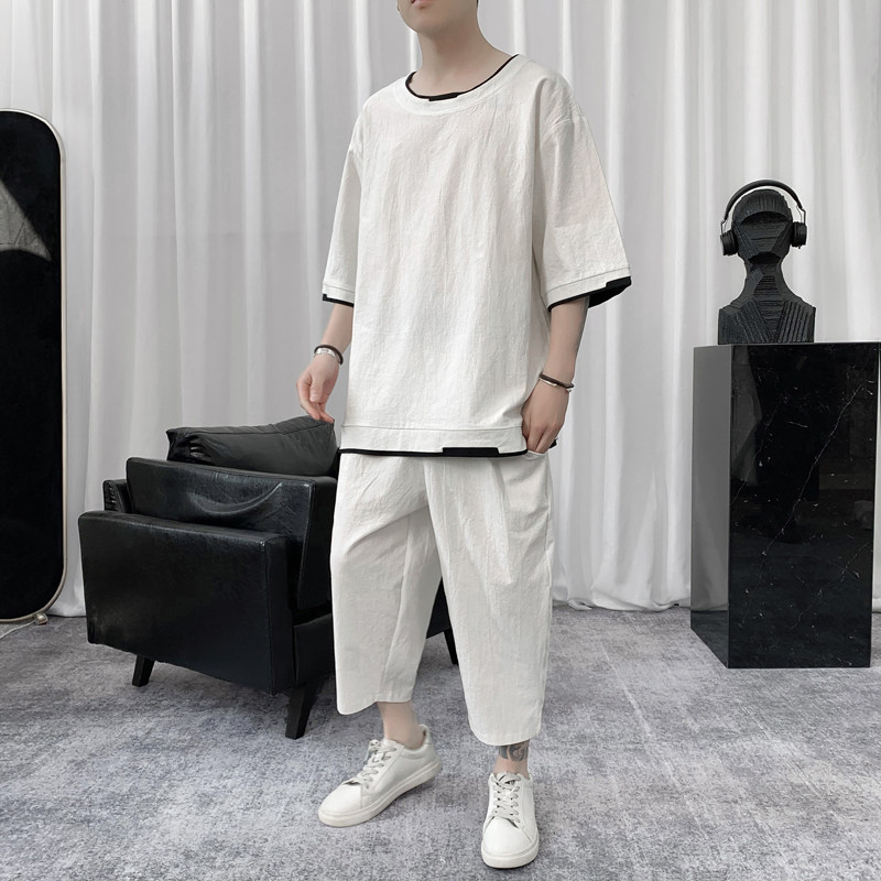 W856P85短句风撞色棉麻风七分袖七分裤T恤套装学生百搭,男装休闲套装,电商A026