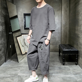 W61P75室内风风青年百搭潮流圆领绣花七分袖七分裤T恤套装，男装休闲套装，电商A026