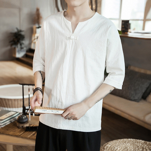 T19 特P35 咖啡厅风V领盘扣刺绣宽松亚麻七分袖盘扣T恤图片