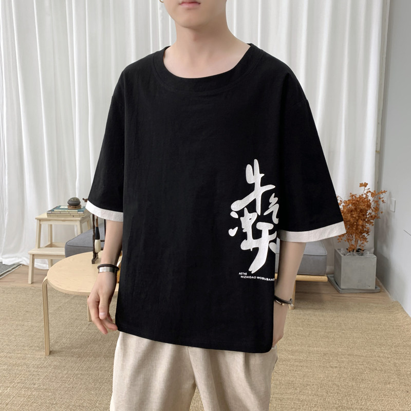 T8887P45新咖啡厅风棉麻纯棉汉字印花短袖圆领T恤夏装,男装T恤,电商A026