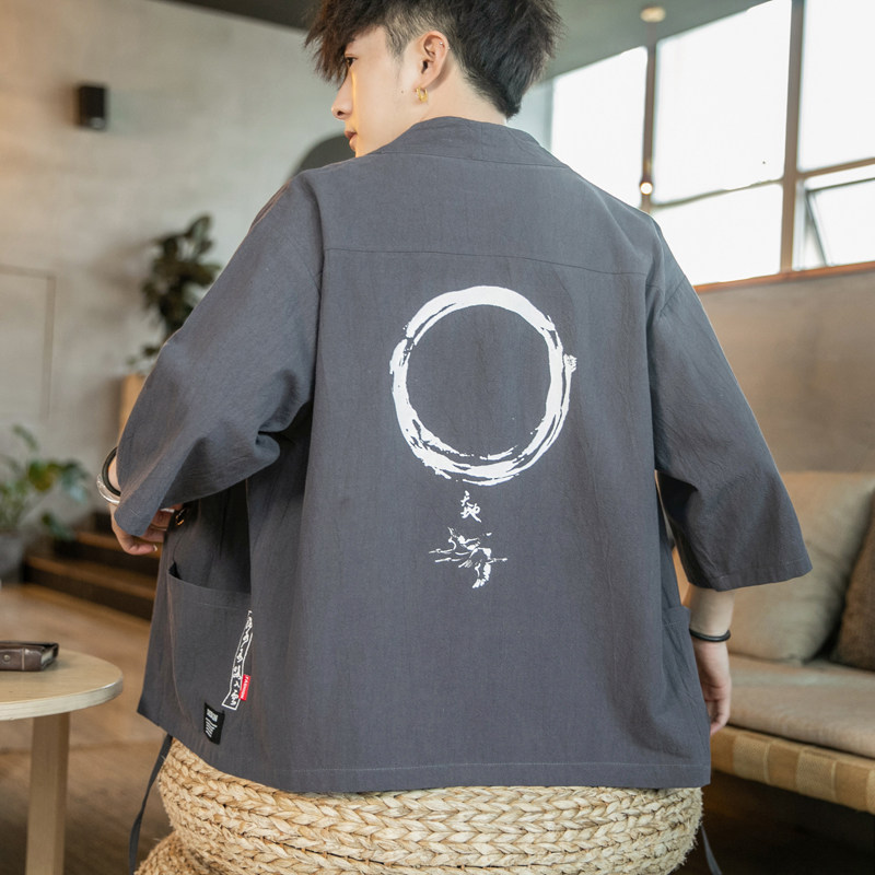 F868P45咖啡厅2024夏装新款风七分袖亚麻潮印花开衫汉服,男装民族服装,电商A026