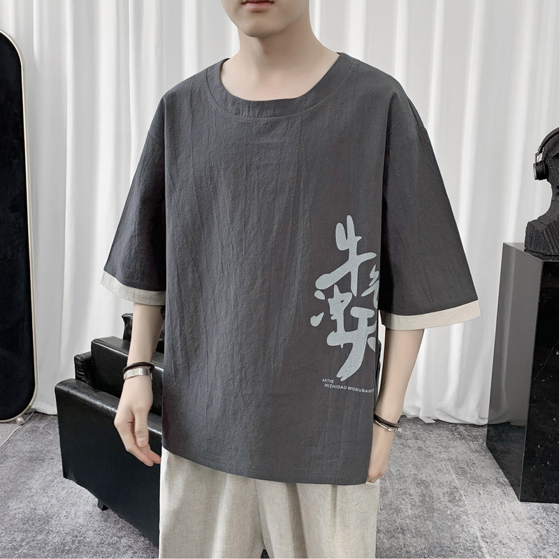 T8887P45短句风印花宽松撞色拼接体恤学生棉麻T恤七分袖风,男装T恤,电商A026
