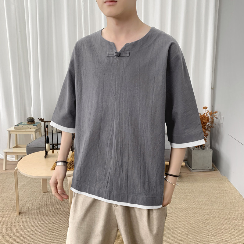 T8882P45新咖啡厅棉麻宽松盘扣风T恤短袖夏装假两件百搭,男装T恤,电商A026