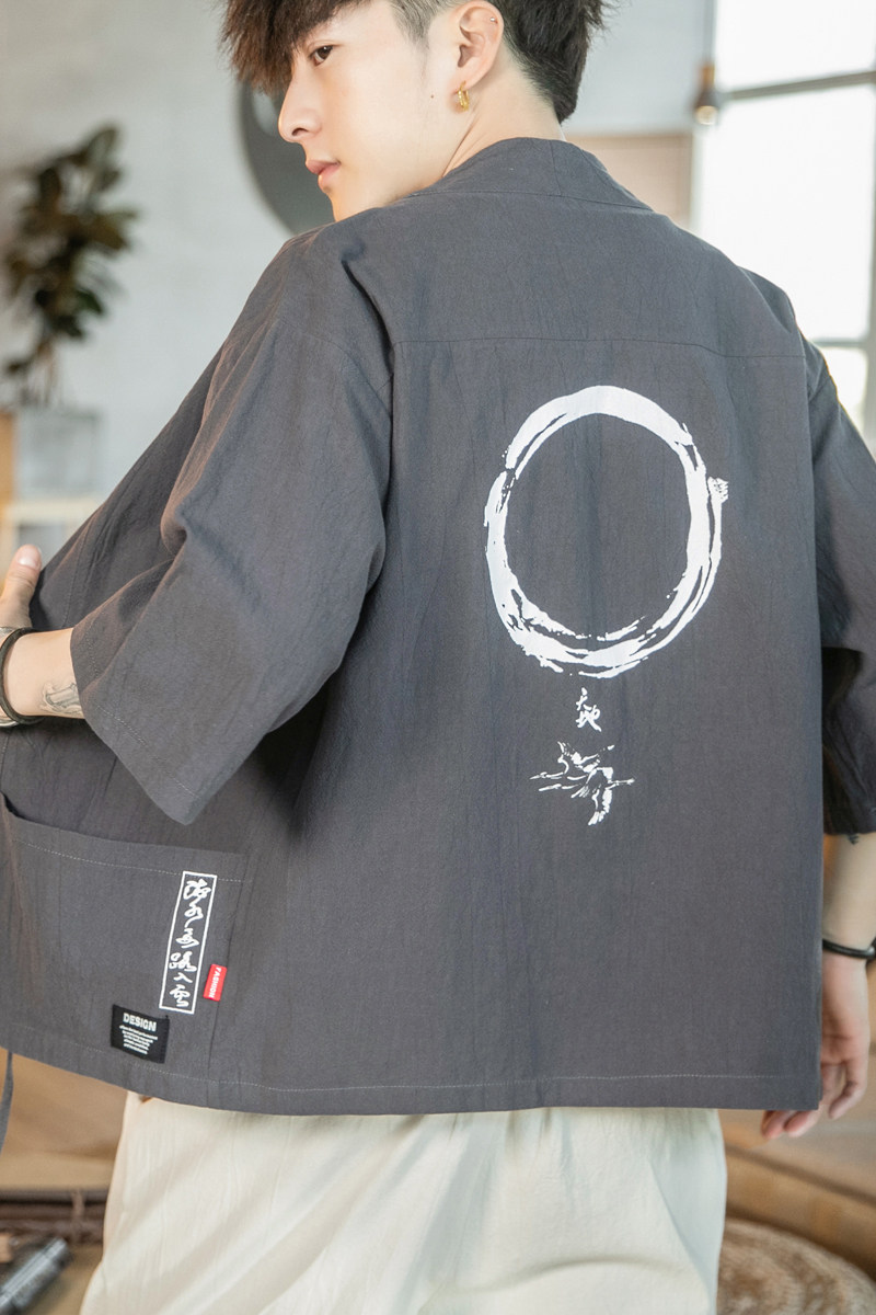 F868P45咖啡厅2024夏装新款风七分袖亚麻潮印花开衫汉服,男装民族服装,电商A026