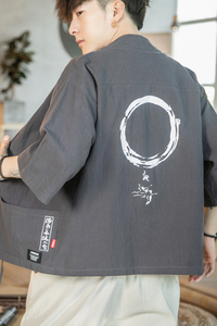 F868  P45 咖啡厅2024夏装新款风七分袖亚麻潮印花开衫汉服图片