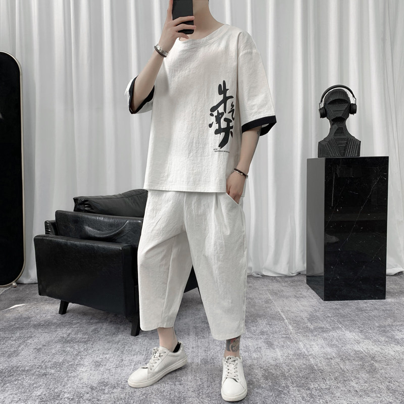 W857 P85 短句风 短袖汉字印花T恤套装棉麻薄款风七分裤青年图片