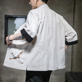 F65P45室内风2024夏装新款棉麻时尚仙鹤印花七分袖汉服外套，男装夹克，电商A026
