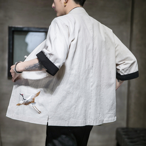 F65 P45 室内风2024夏装新款棉麻时尚仙鹤印花七分袖汉服外套图片