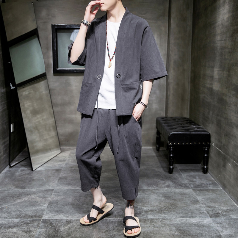 A70P60室内风2024夏装新款风七分裤休闲大码汉服T恤套装,男装休闲套装,电商A026
