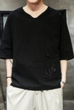 583P45室内风风棉麻盘扣刺绣加肥加大码夏季宽松休闲T恤，男装T恤，电商A026