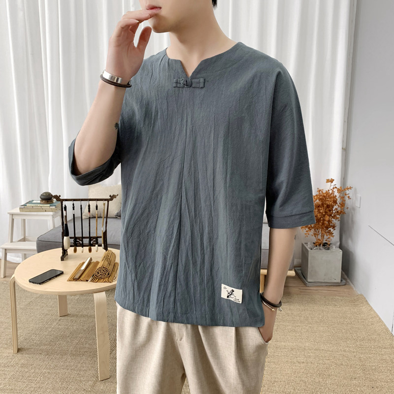 T828P30新咖啡厅风仙鹤刺绣短袖盘扣夏季潮流休闲百搭T恤,男装T恤,电商A026