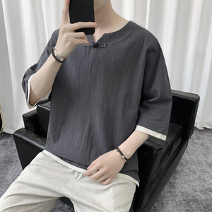 T8882 P45 短句风 夏季体恤亚麻撞色拼接学生棉麻七分袖风图片