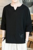 587P45咖啡厅风亚麻宽松百搭盘扣七分袖T恤加大码，男装T恤，电商A026