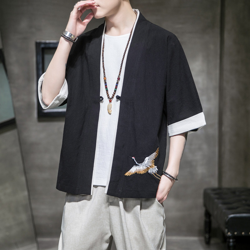 F65P45室内风亚麻休闲加大码开衫风仙鹤刺绣七分袖汉服,男装夹克,电商A026
