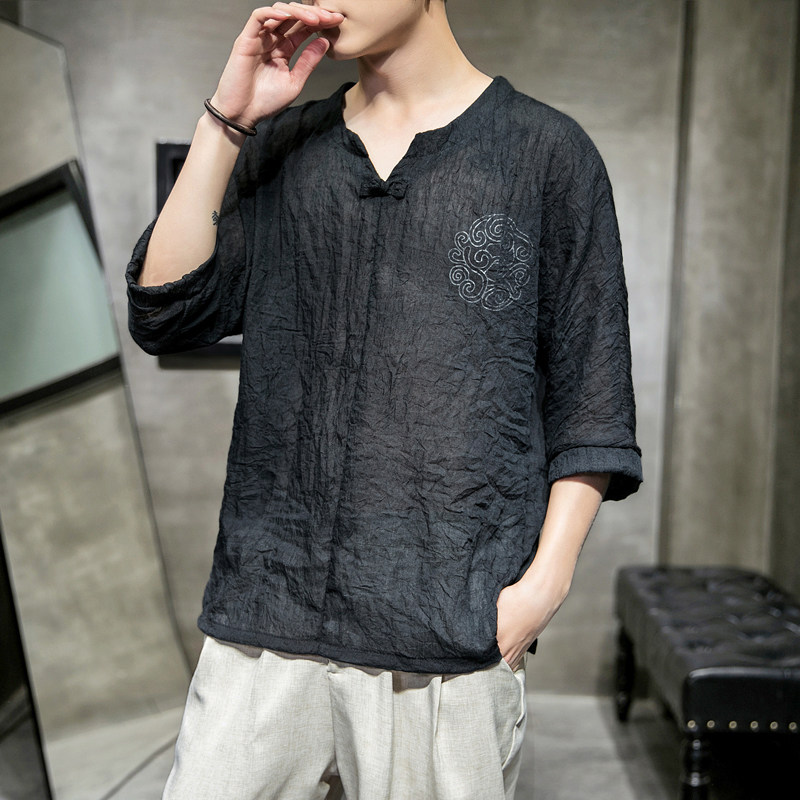 606P30室内风2024夏装新款百搭时尚V领盘扣仿亚麻七分袖T恤,男装T恤,电商A026