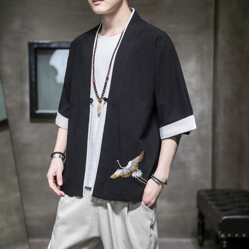 F65P45室内风亚麻休闲加大码开衫风仙鹤刺绣七分袖汉服,男装夹克,电商A026