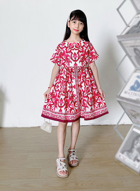2024新款D家裙子女童波西米亚风连衣裙欧美印花吊带裙青花瓷裙