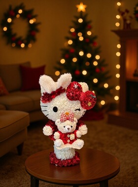 圣诞Hellokitty永生花红花环凯蒂猫摆件送女友闺蜜生日节庆礼物