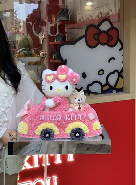 新款helloKitty开跑车永生花凯蒂猫可爱摆件送女友闺蜜生日礼物