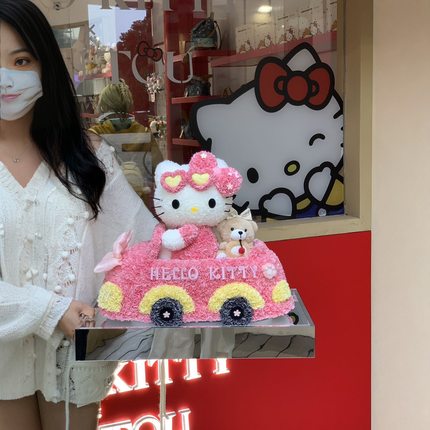 新款helloKitty开跑车永生花凯蒂猫可爱摆件送女友闺蜜生日礼物
