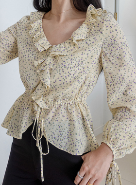 【特价】浪漫清新小碎花V领荷叶边系带雪纺上衣RS06034
