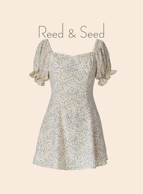 夏季清新度假风浅黄色小碎花泡泡袖收腰连衣裙 RS04017-1