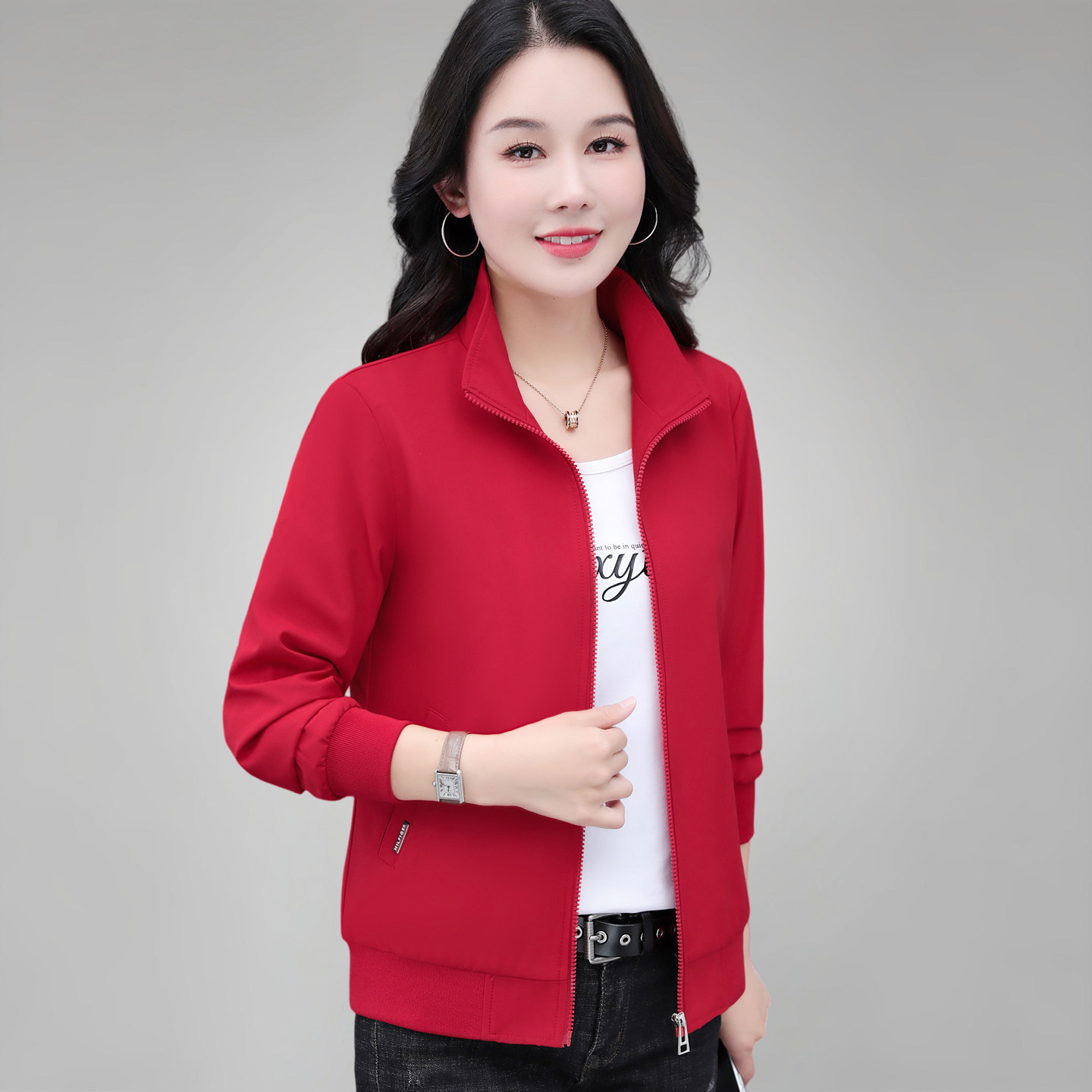 红色短外套女款2026秋季新款显瘦小夹克开衫立领气质妈妈休闲上衣