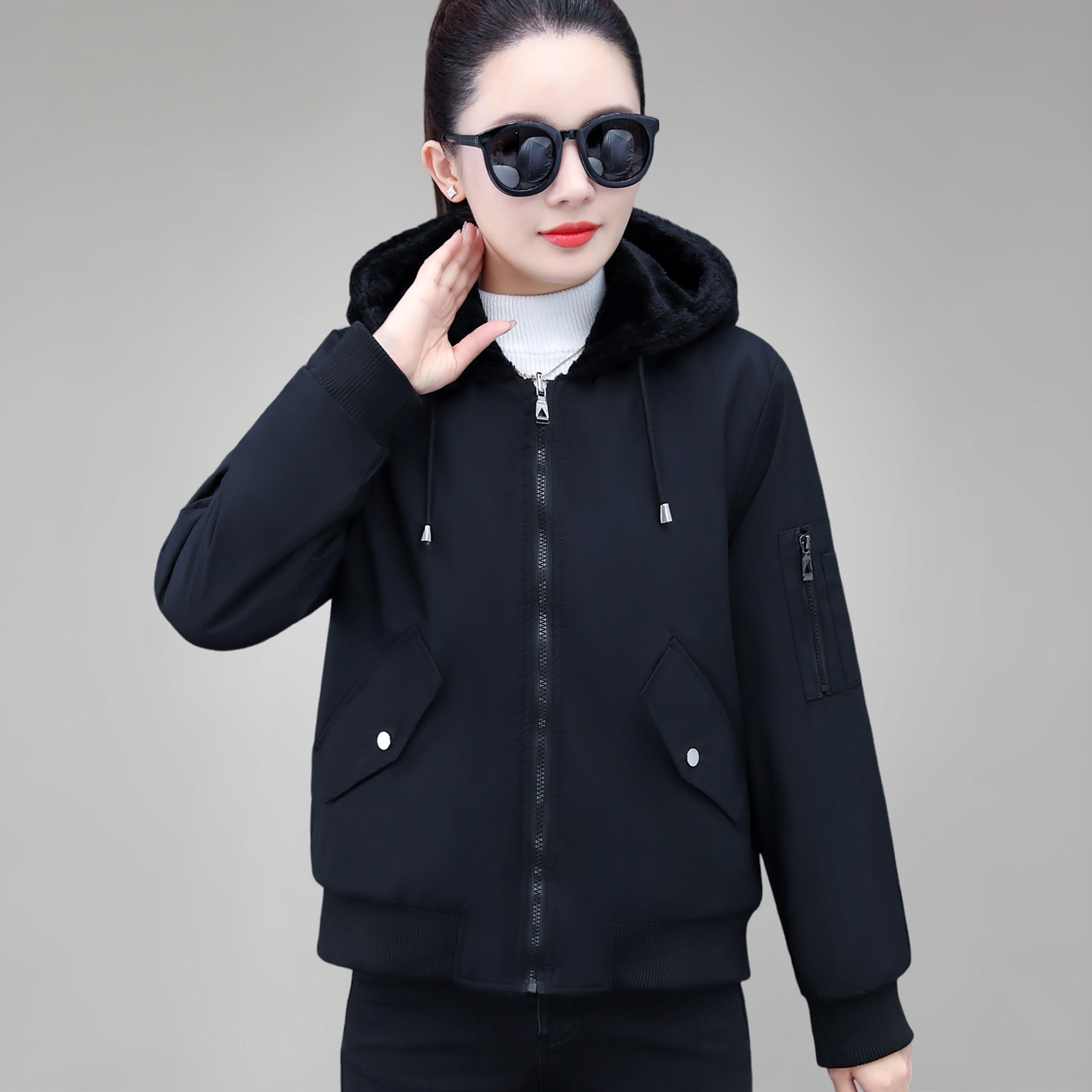 两面穿派克棉服女短款冬装2025新款连帽加绒夹克时尚妈妈保暖外套