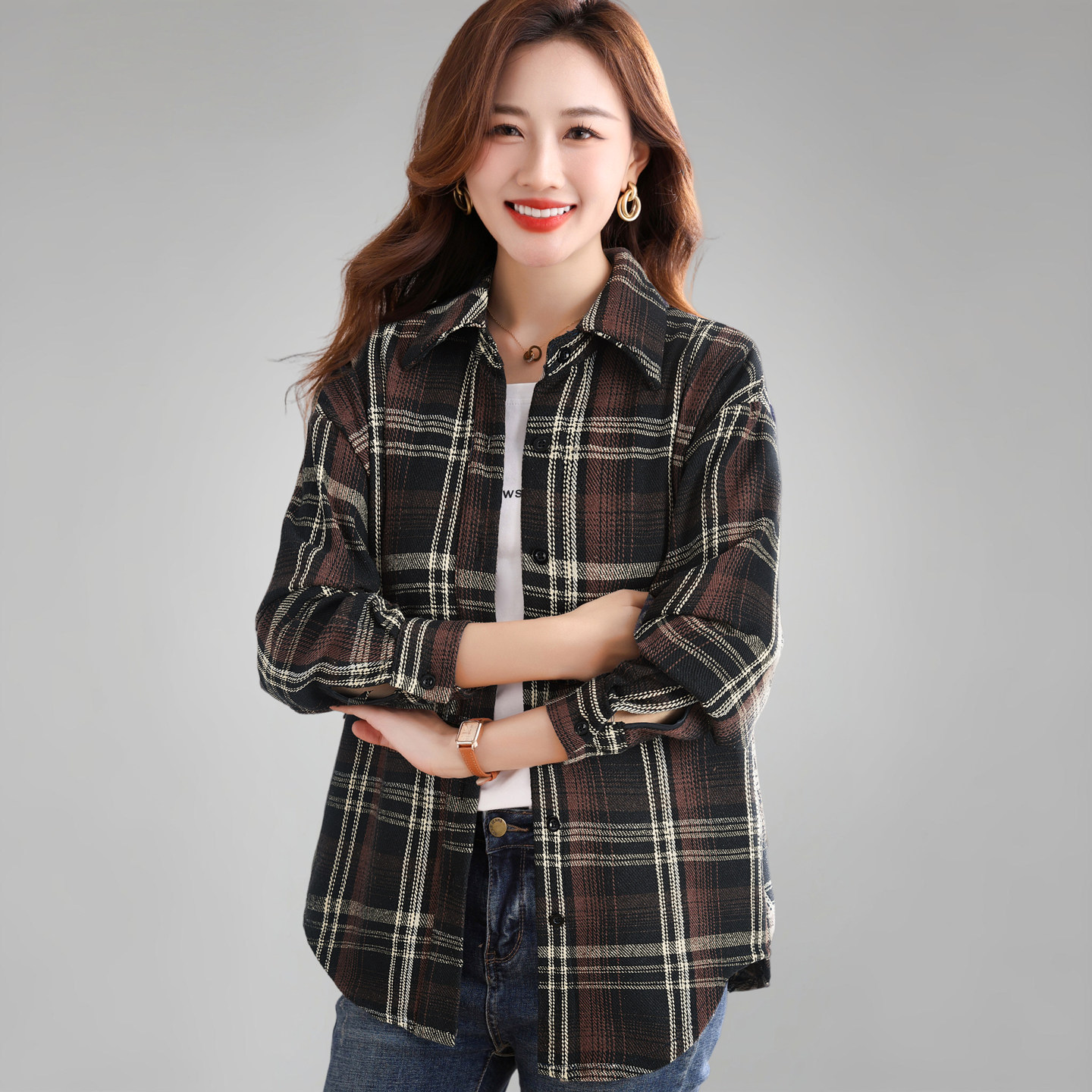 格子衬衫女士长袖2026春装新款中长格纹宽松上衣妈妈休闲衬衣外套
