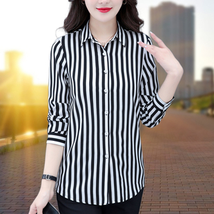 显瘦春夏中年职业装 女士长袖 气质百搭工作服条纹雪纺上衣 衬衫 大码